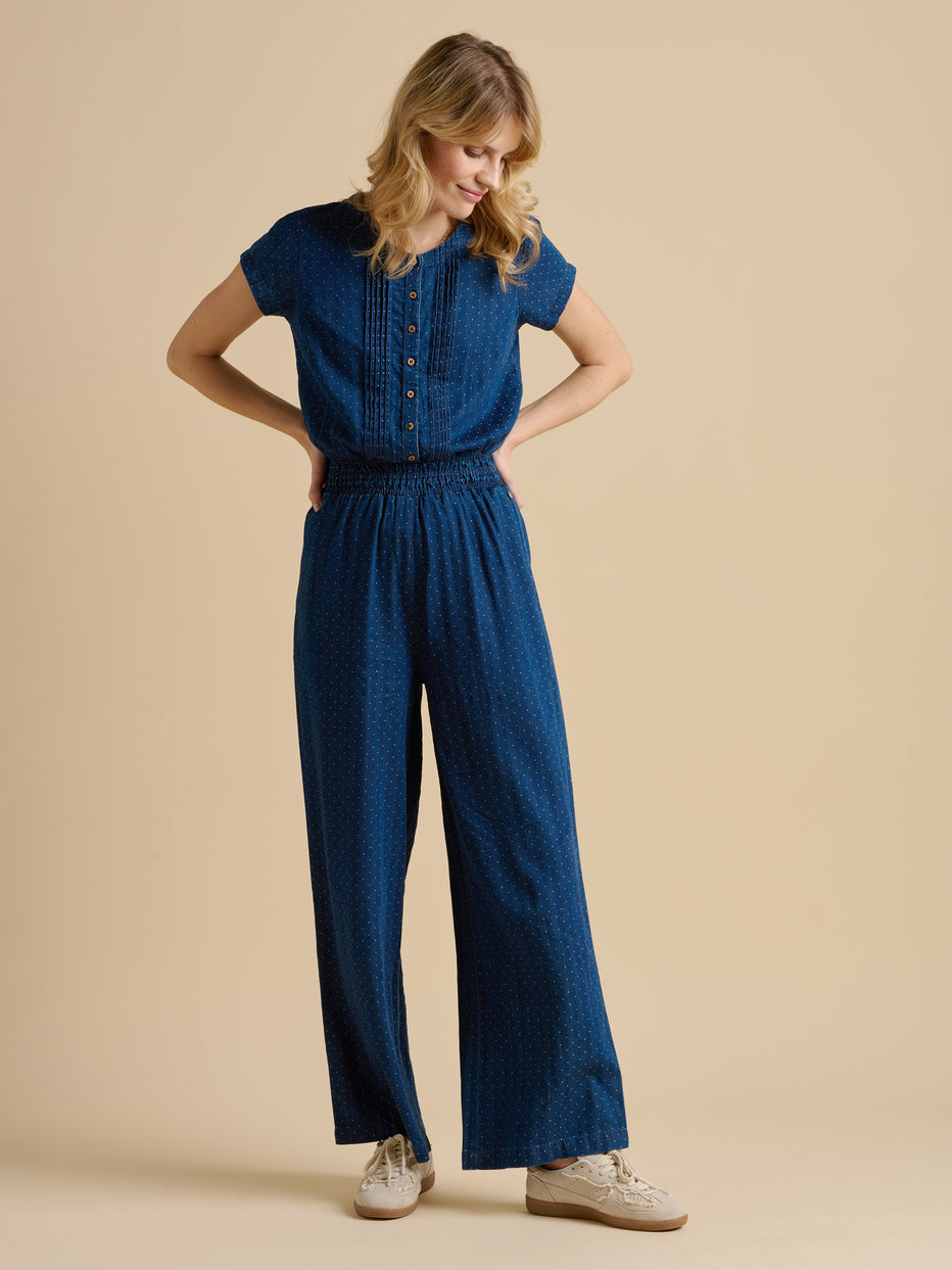 Brakeburn Spot Denim Wide Leg Jumpsuit-White finn