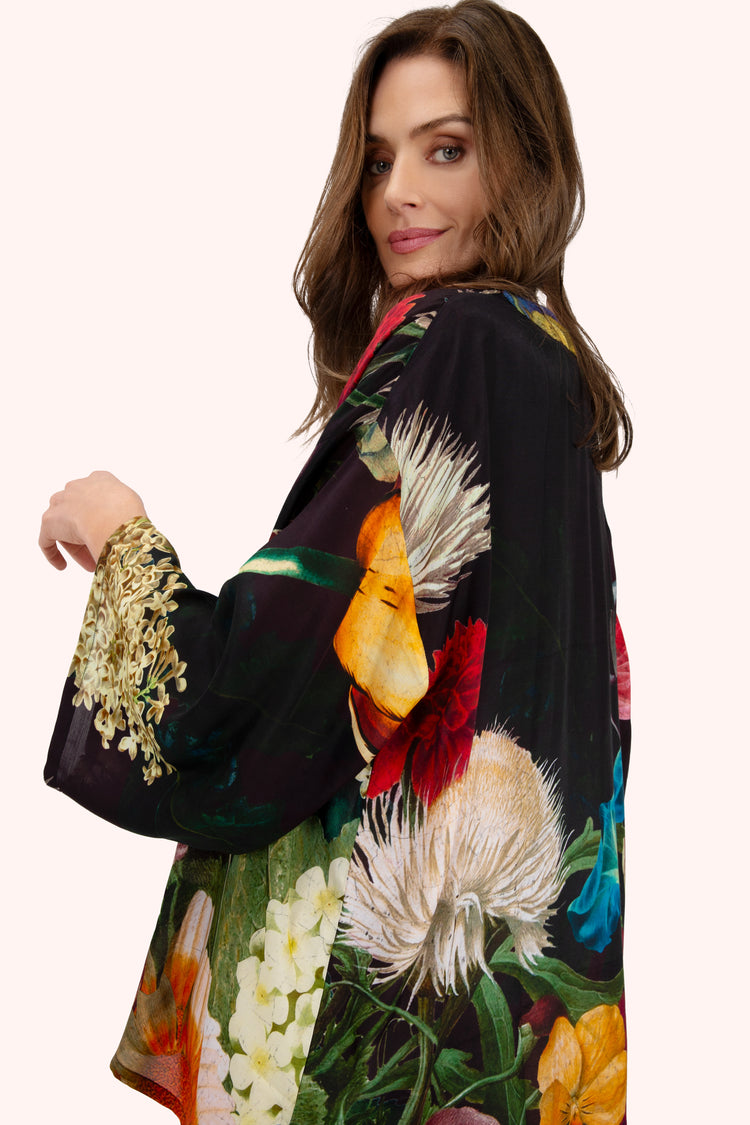 Powder Mid-Length Kimono - Opulant florals, Chocolate