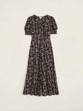 Seasalt Marsh Violet Dress: Navy viscose midi dress with a cream and brown leaf print, scoop neck, and blouson sleeves.