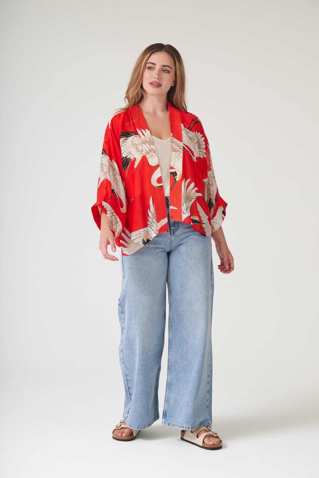 One Hundred Stars Stork Scarlet Kimono-One Hundred Stars-White finn