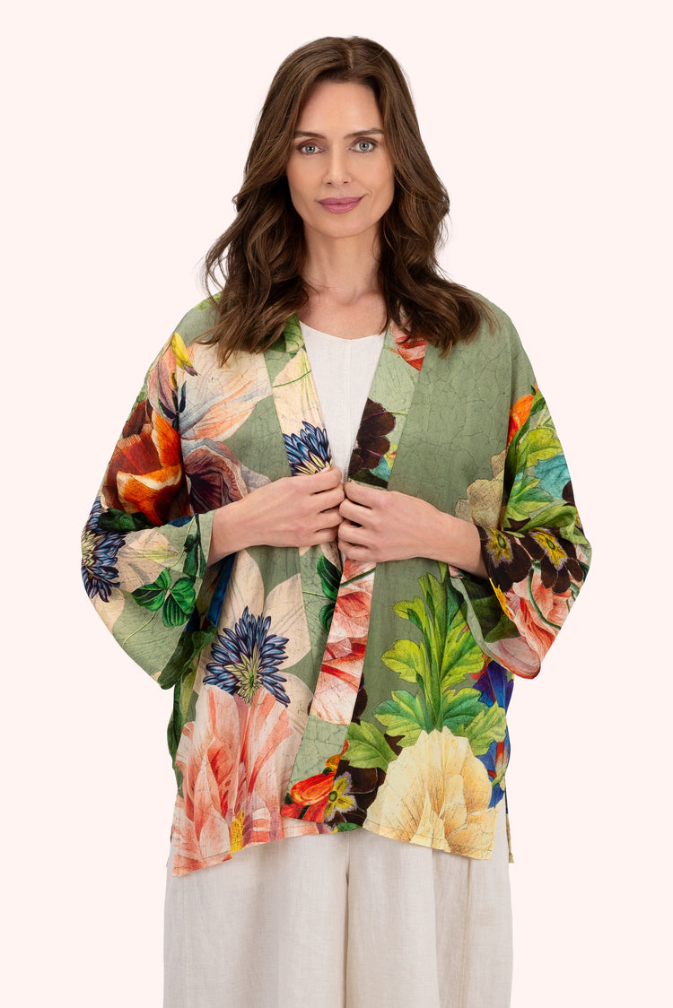 Powder Mid-Length Kimono - Botanical Bouquet, Sage-Kimono-White finn