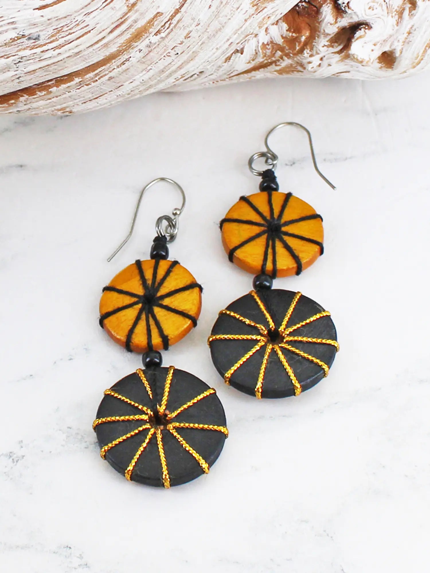 Suzie Blue Double Wooden Disc and Tread Earrings UJ6502