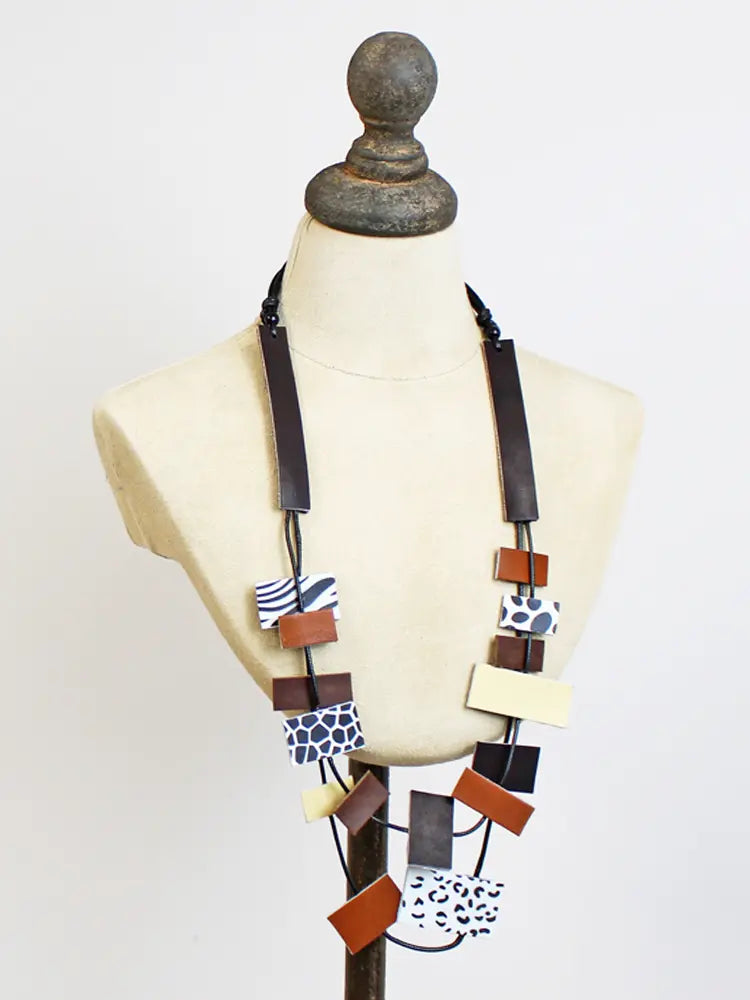 Suzie Blue UJ6434 Long Retangular Leather Necklace