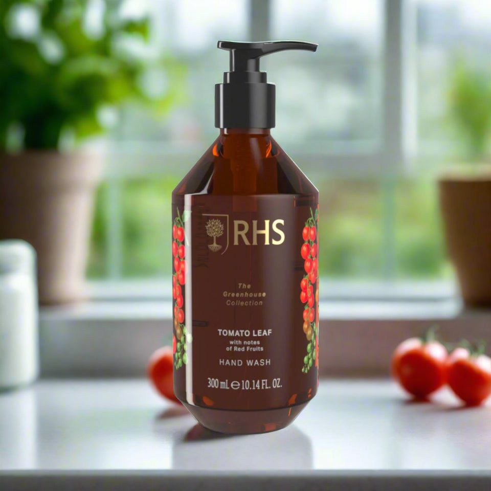 RHS Greenhouse Tomato Leaf Hand Wash 300ml-Somerset Toiletries-White finn