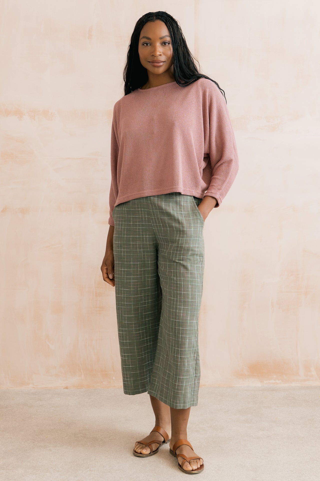 Lily and Me Greta Checked Cotton Cropped Trousers Green-Lily and Me-White finn