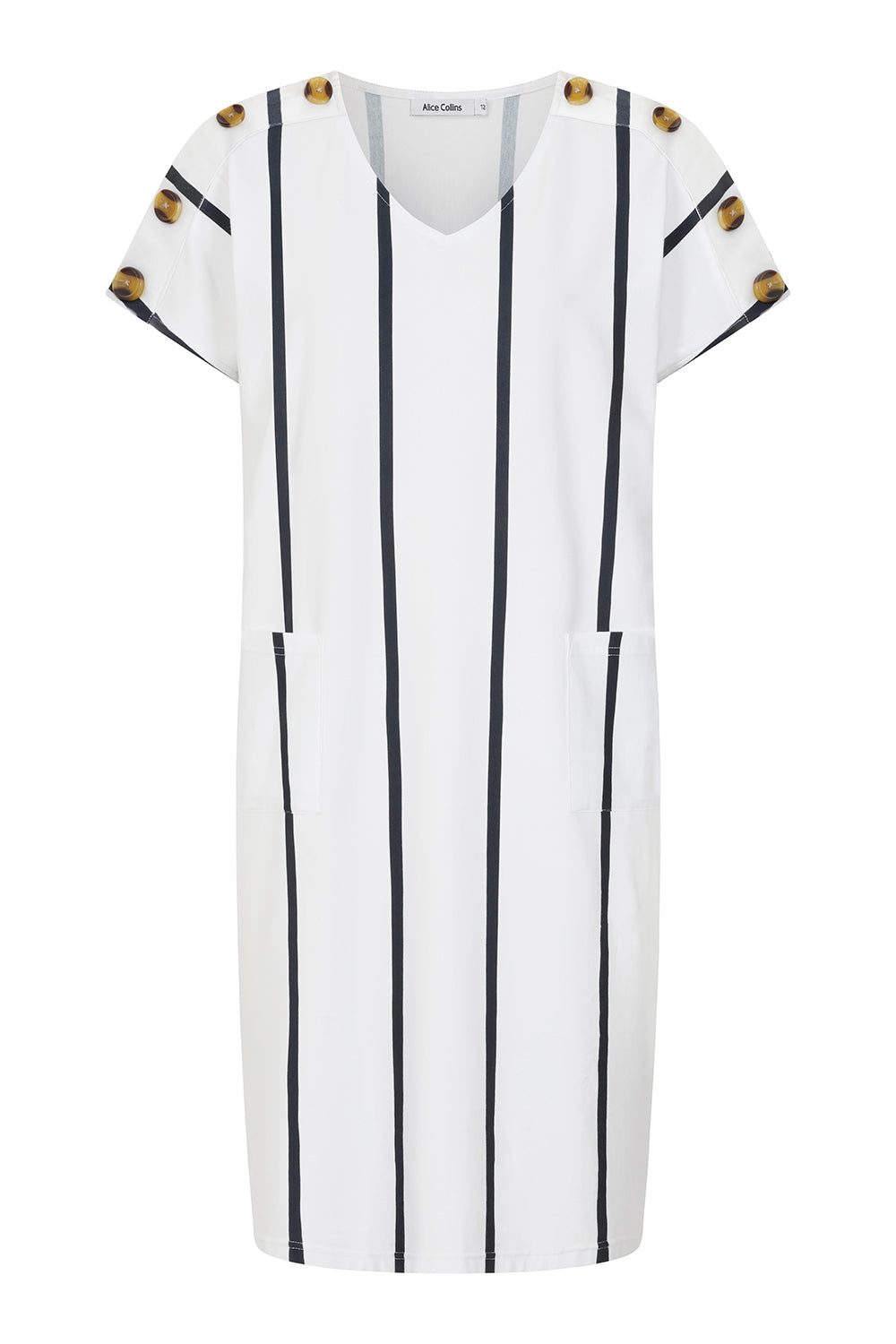 Alice Collins Button Shoulder Dress-Dress-8-White/Navy stripe-