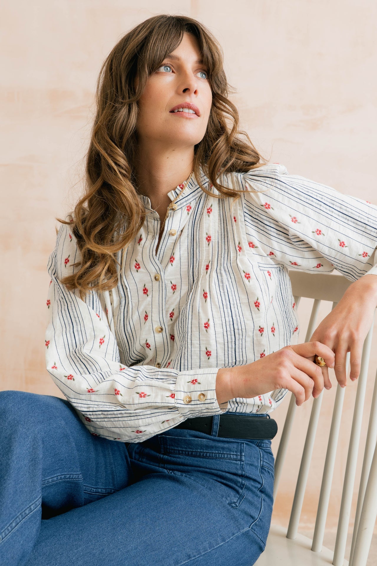 Lily and Me Flora Embroidered Stripe Blouse Ecru-Lily and Me-White finn