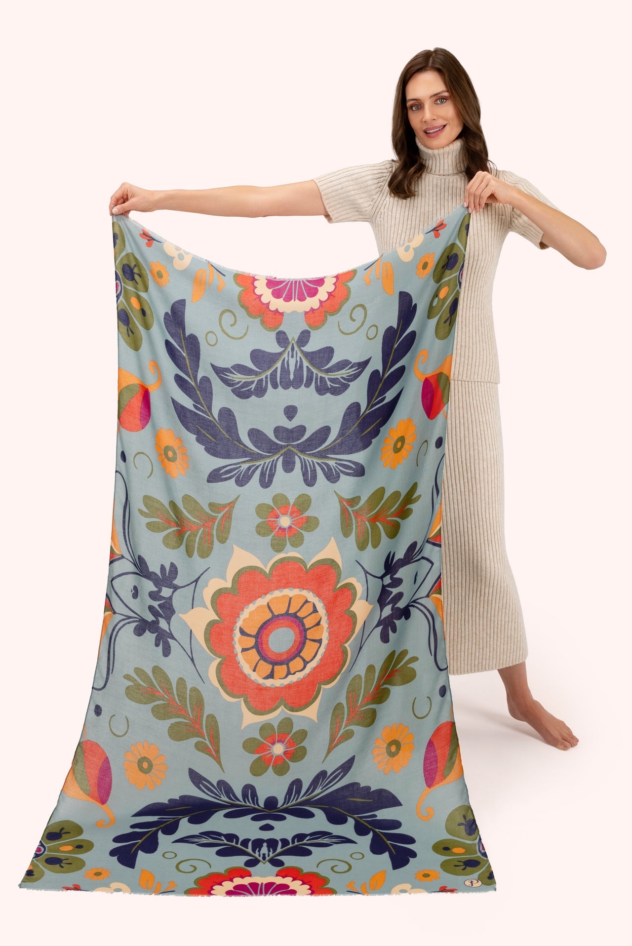 Powder Print Scarf - Folk Floral, Winter Ice